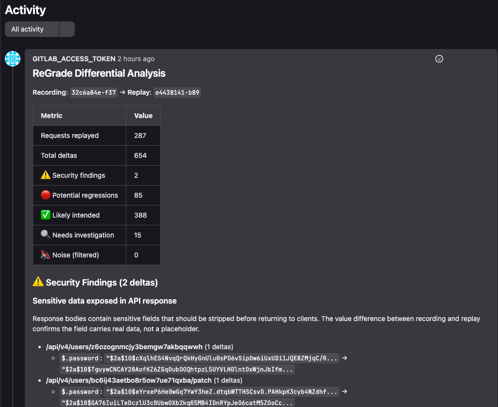 example ReGrade merge request comments